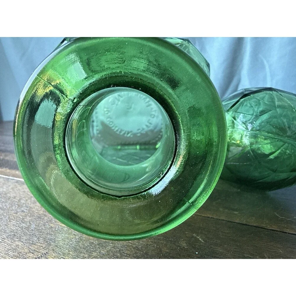 VTG Empoli Green Glass Decanter W/Stopper Diamond Pattern